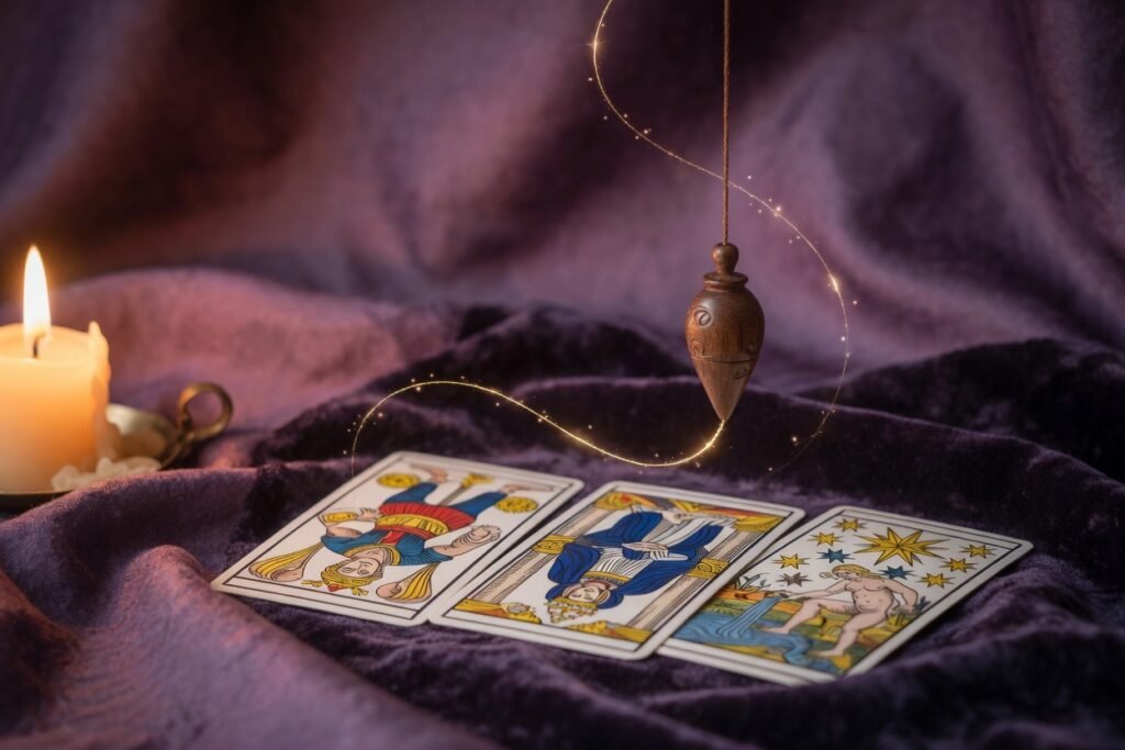 Cartes de tarot et pendule sur velours violet – guidance spirituelle OpeningWorld Lausanne
