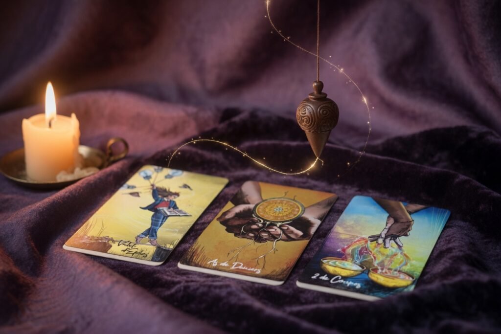 Tarot cards (Page of Swords, Ace of Pentacles, Two of Cups) and pendulum – spiritual guidance OpeningWorld Lausanne