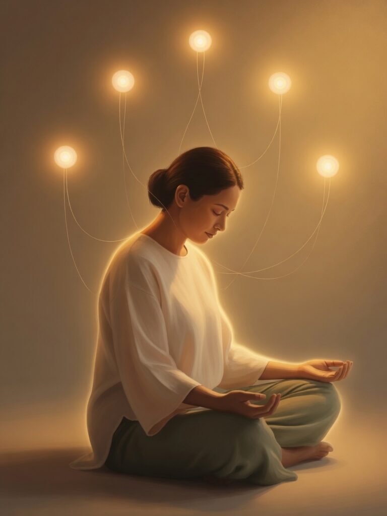 Personne en méditation en lien avec des lumières symbolisant ses guides spirituels — guidance Tarot OpeningWorld