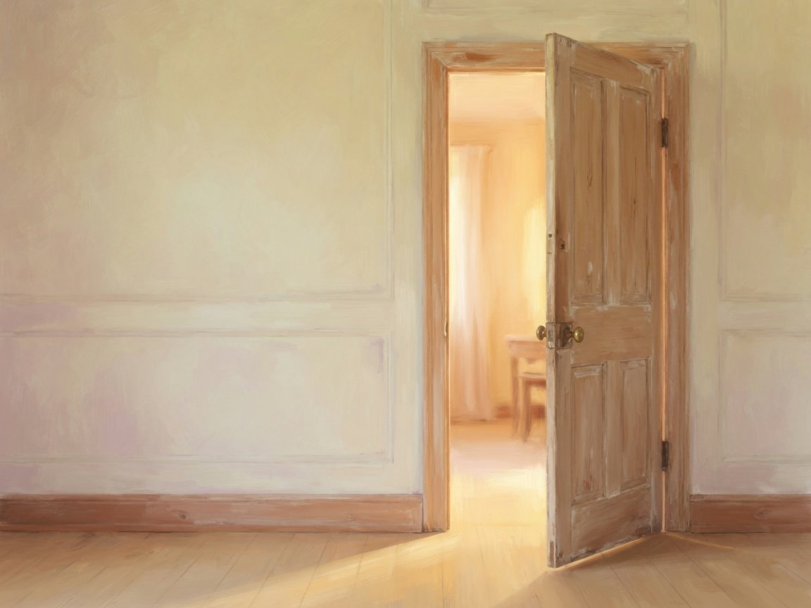 Porte en bois entrouverte, lumière douce dans la pièce — invitation à écouter sans obligation, guidance Tarot OpeningWorld